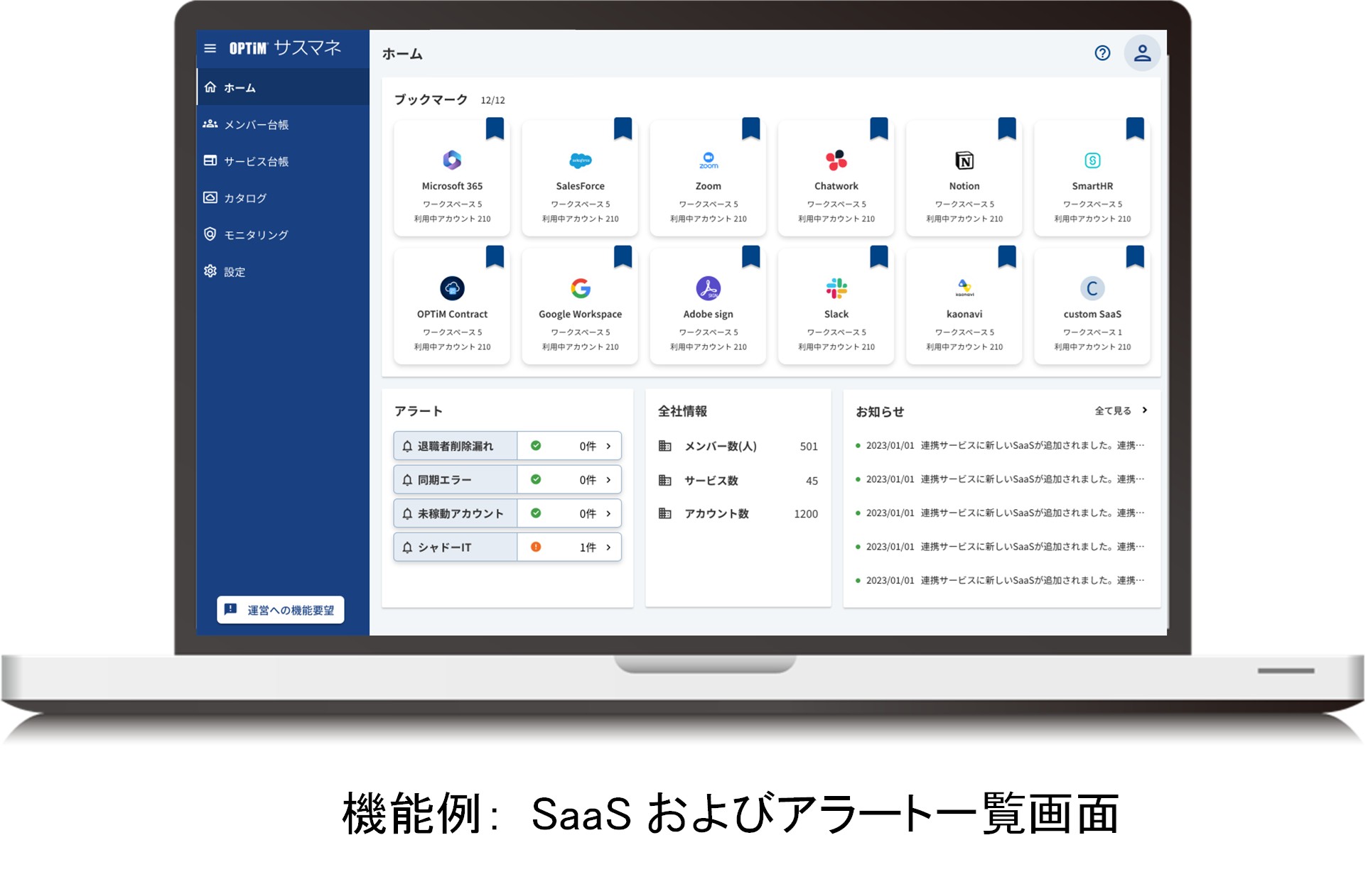 SaaS and Alerts List Screen: A dashboard and list of icons displayed on a laptop.